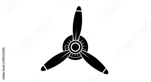 Black and white illustration of a three-bladed airplane propeller, simple design.