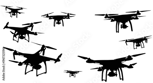 Silhouettes of multiple drones flying in the sky, representing modern technology and aerial surveillance.