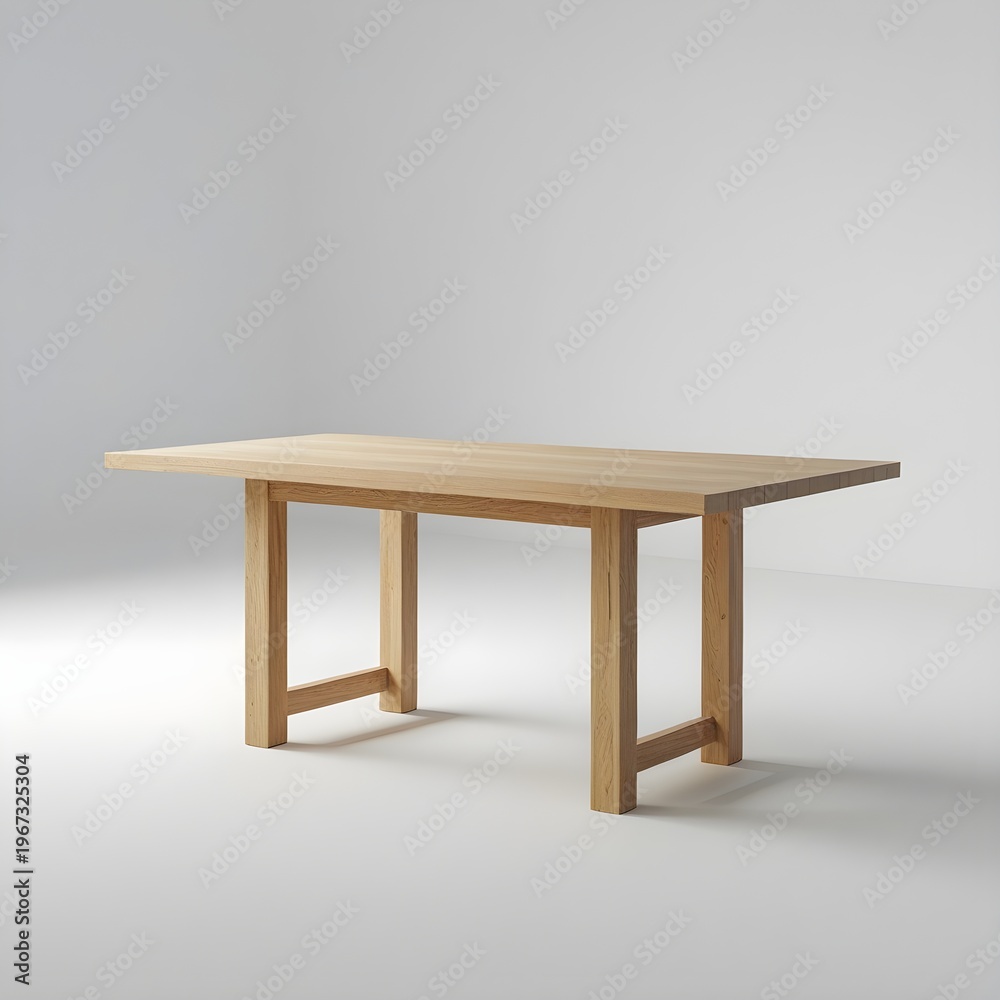 Fototapeta premium A wide-angle shot of a minimalist wooden table with a slim profile. The image captures the entire silhouette of the piece, highlighting the symmetry and balanced proportions of the design.