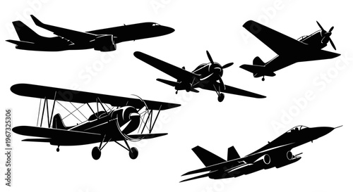 Silhouettes of various aircraft types, from vintage biplanes to modern jet fighters and commercial airliners, showcasing the evolution of flight.