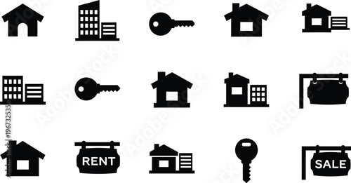 Collection of real estate icons house, building, key, and for sale or rent signs on a white background
