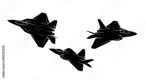 Three stealth fighter jets in silhouette against a white background.