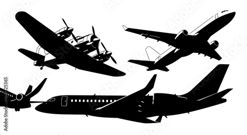 Silhouettes of various airplanes flying in the sky.