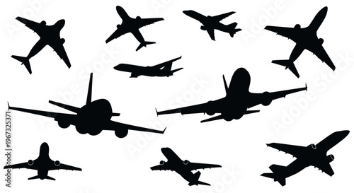 Collection of airplane silhouettes depicting various aircraft in flight.