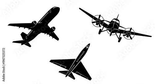 Silhouettes of various airplanes flying in the sky.