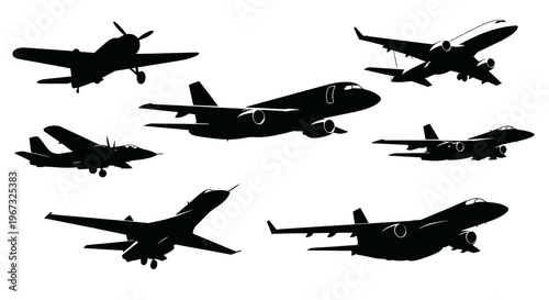 Silhouettes of various airplanes flying in the sky.