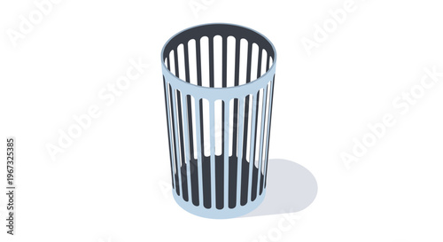Empty metal wire trash can with a cylindrical shape and vertical slats shown from a perspective angle for office use.