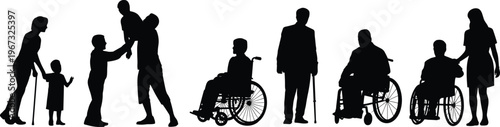 Inclusive silhouettes of diverse people, children, seniors, wheelchair users, caregivers, disability support, accessibility, community diversity, healthcare, family unity illustration