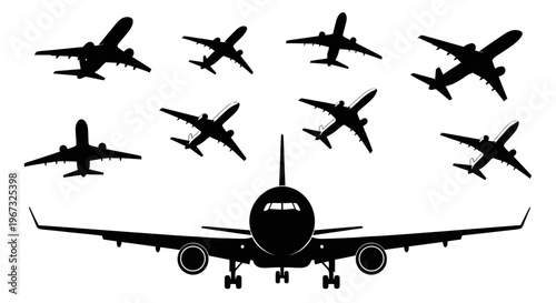 Collection of airplane silhouettes in various flight positions.