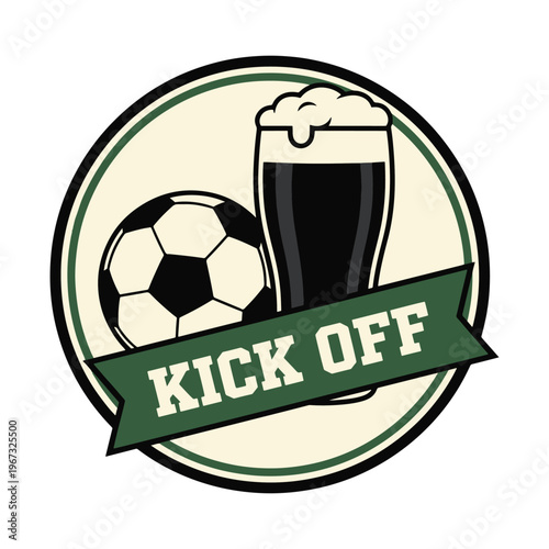 Soccer ball and dark beer glass kick off sports bar circular badge vector illustration.