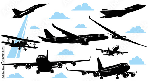 Collection of various aircraft silhouettes flying through the sky with clouds.