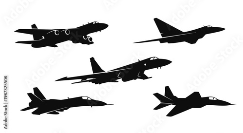 Silhouettes of various military fighter jets in flight.