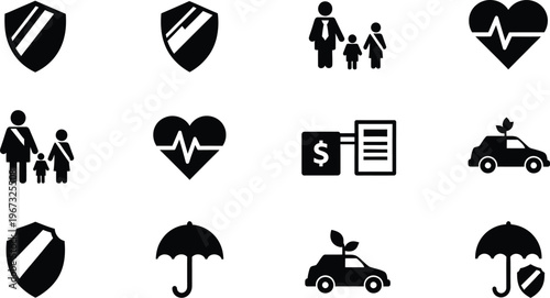 Insurance vector icons collection representing protection, family, health, car, and security concepts