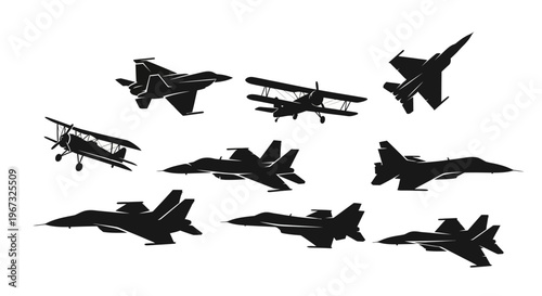 Collection of various aircraft silhouettes in black and white.
