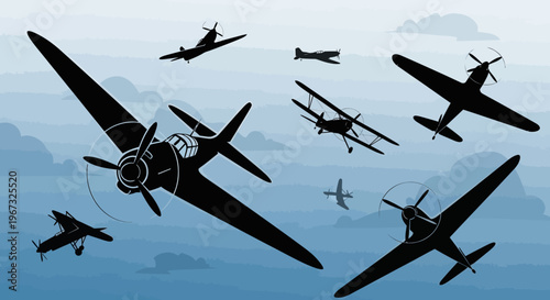 Silhouettes of vintage propeller airplanes flying in the sky.