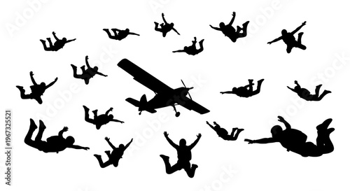 Skydivers and airplane silhouettes in a dynamic skydiving scene.