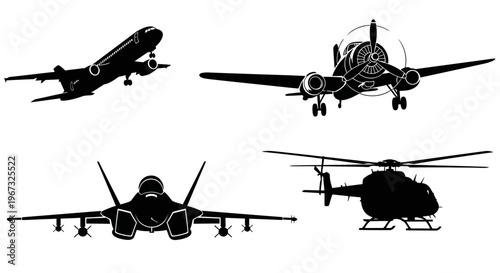 Collection of various aircraft silhouettes including a commercial jet, propeller plane, fighter jet, and helicopter.