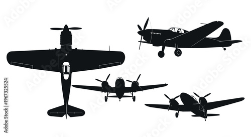 Silhouettes of vintage airplanes in various views, showcasing classic aircraft designs and historical aviation.