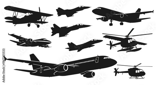 Collection of various aircraft silhouettes flying through the sky.