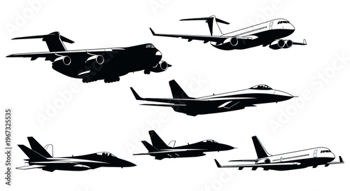 Collection of various aircraft silhouettes in flight, including commercial airliners, cargo planes, and fighter jets, against a white background.