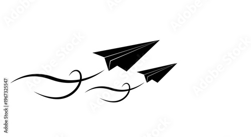 Two black paper airplanes flying with elegant trails.