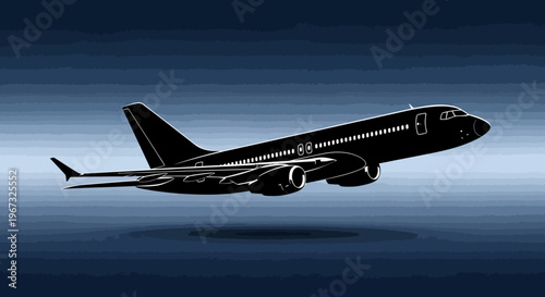 Sleek black airplane soaring through a dark blue sky.