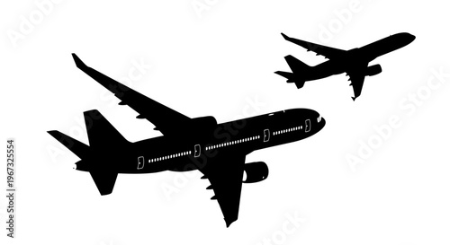 Two airplanes in silhouette flying through the sky.