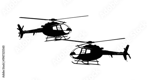 Two helicopters flying in formation against a white background.