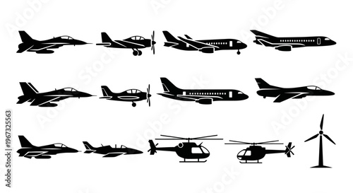 Collection of various aircraft silhouettes including airplanes, jets, helicopters, and a wind turbine.