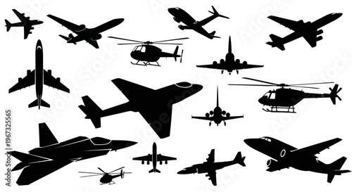 Collection of various aircraft silhouettes including airplanes and helicopters.