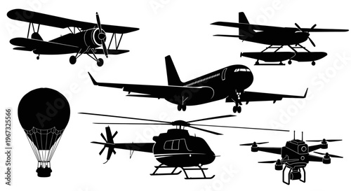 Collection of various aircraft silhouettes including airplanes, helicopters, and a hot air balloon.