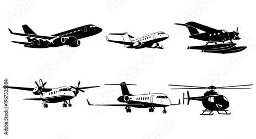 Collection of various aircraft silhouettes including commercial planes, private jets, seaplanes, propeller planes, and helicopters.