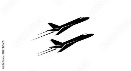 Two jet planes flying in formation, leaving trails, black and white illustration.