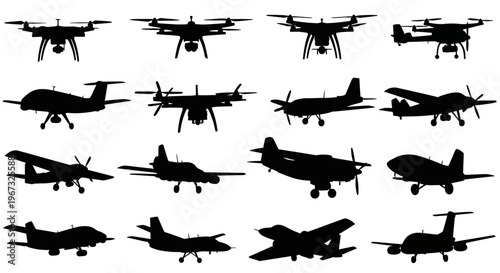 Collection of various aircraft silhouettes including drones and airplanes.