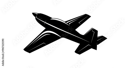 Sleek black silhouette of a vintage airplane, captured from an aerial perspective, against a pristine white background, evoking a sense of classic aviation and