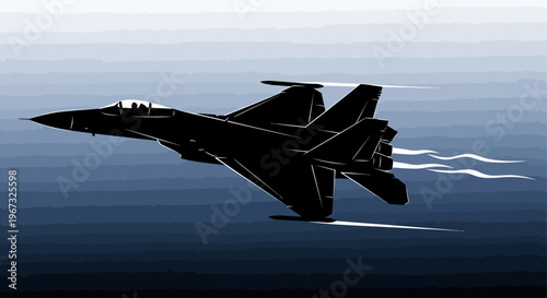 Sleek fighter jet in silhouette flying with contrails across a dynamic sky.