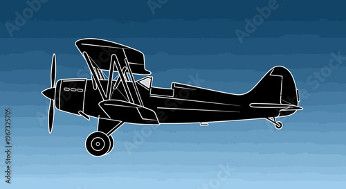 Vintage Biplane Silhouette Against a Blue Sky.