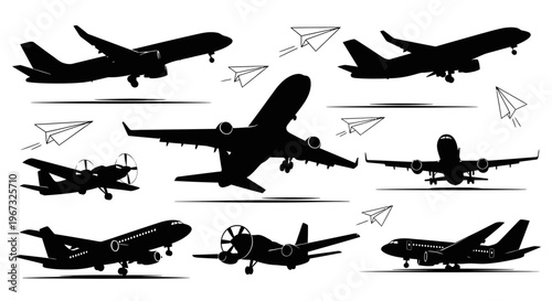 Collection of various airplane silhouettes and paper planes.