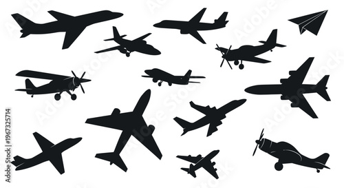 Collection of various airplane silhouettes flying in the sky.