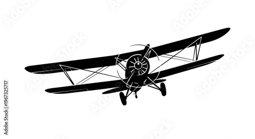 Vintage Biplane Silhouette Flying Isolated White Background.