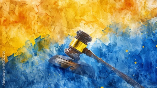 This watercolor artwork features a judge's gavel. Vibrant yellow-orange hues dominate the upper section. Deep blue watercolor tones fill the lower part. Soft, blended strokes create a textured look