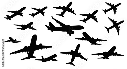 Collection of various airplane silhouettes flying in the sky.