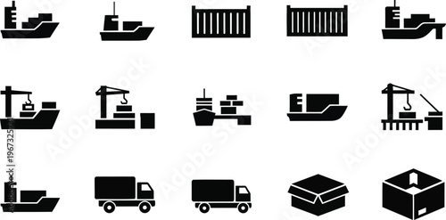 Set of shipping and logistics icons representing cargo, containers, trucks, and cranes for transportation and delivery