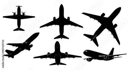 Collection of various airplane silhouettes illustrating air travel and aviation concepts.