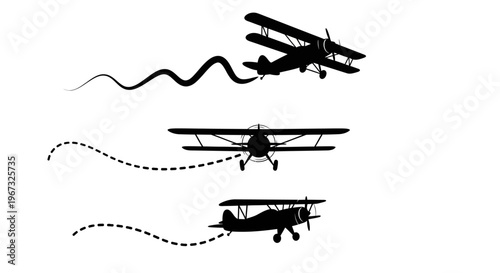 Vintage biplanes flying with various flight paths.