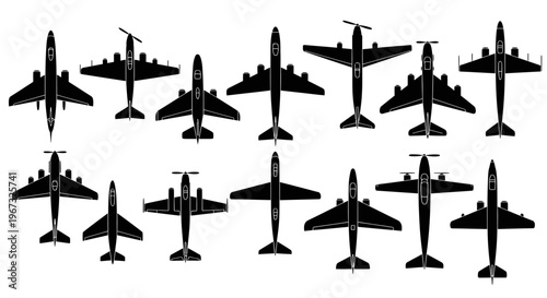 Collection of various airplane silhouettes in black and white.