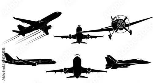 Collection of various airplane silhouettes in different flight positions.