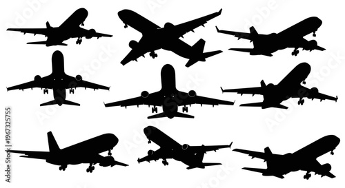 Collection of various airplane silhouettes in different flight positions.