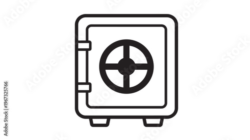 Safe icon with a dial for security and storage of valuables, presented in a simple black outline graphic.