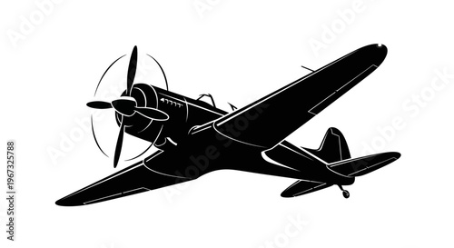 Vintage propeller plane silhouette flying in the sky.